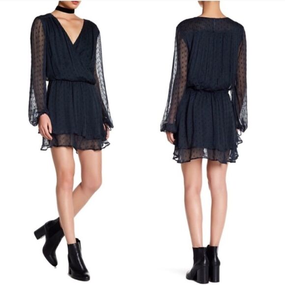 Free People Daliah Mini Blue Dress Long Sleeve Deep Blouse Size XS - Picture 3 of 11